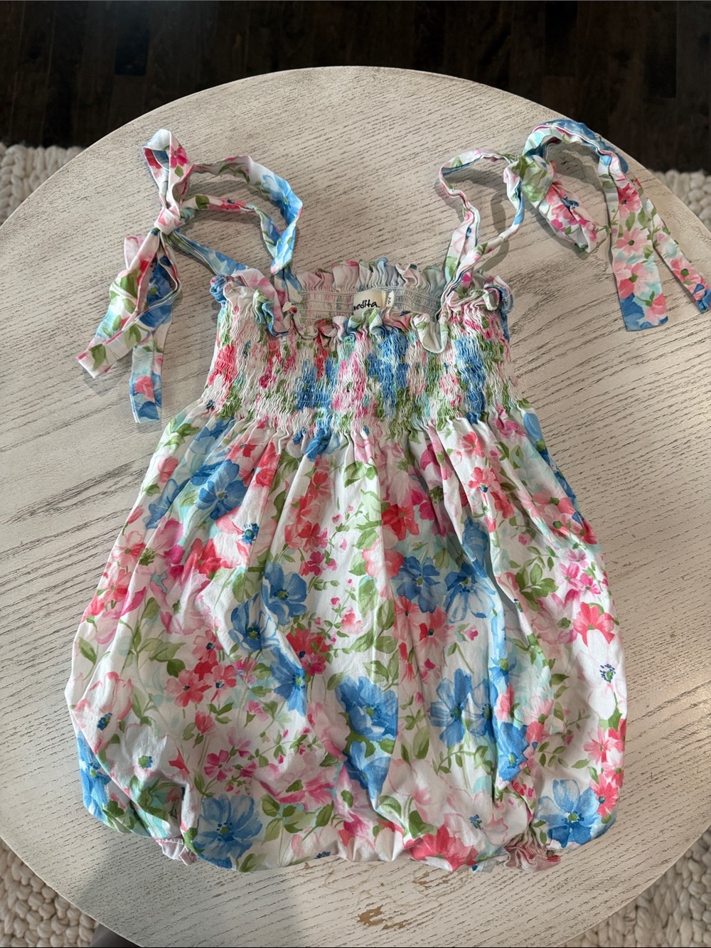 Benedita Girls Floral Bubble Romper with Tie Straps - Blue, Pink, Green